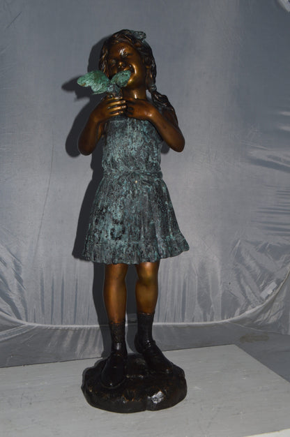 Girl Holding a Bird Bronze Statue -  Size: 12"L x 12"W x 34"H.