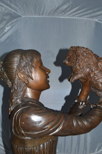 Girl Playing With Her Little Dog Bronze Statue -  Size: 22"L x 22"W x 30"H.