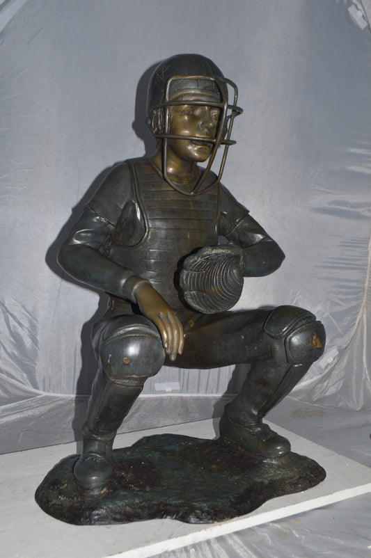 Baseball Catcher Bronze Statue -  Size: 24"L x 16"W x 36"H.