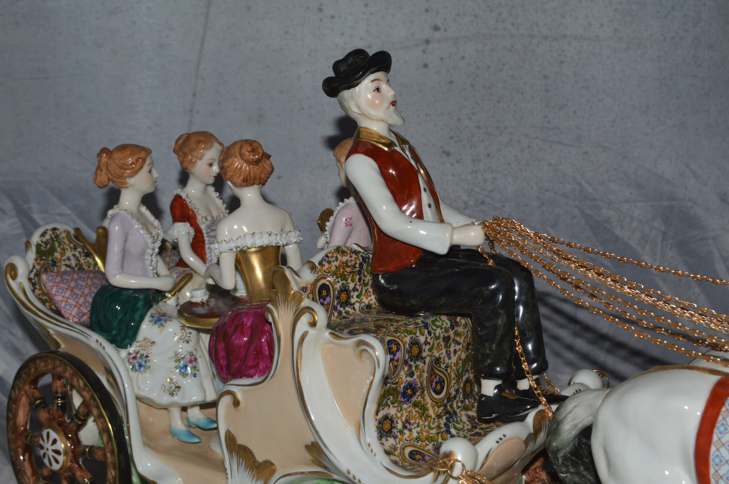 Porcelain Carriage with 4 young Girls Drinking Tea -  Size: 41"L x 10"W x 18"H.