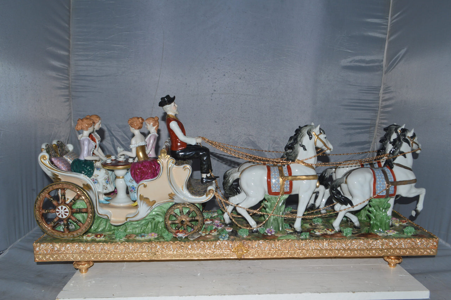 Porcelain Carriage with 4 young Girls Drinking Tea -  Size: 41"L x 10"W x 18"H.