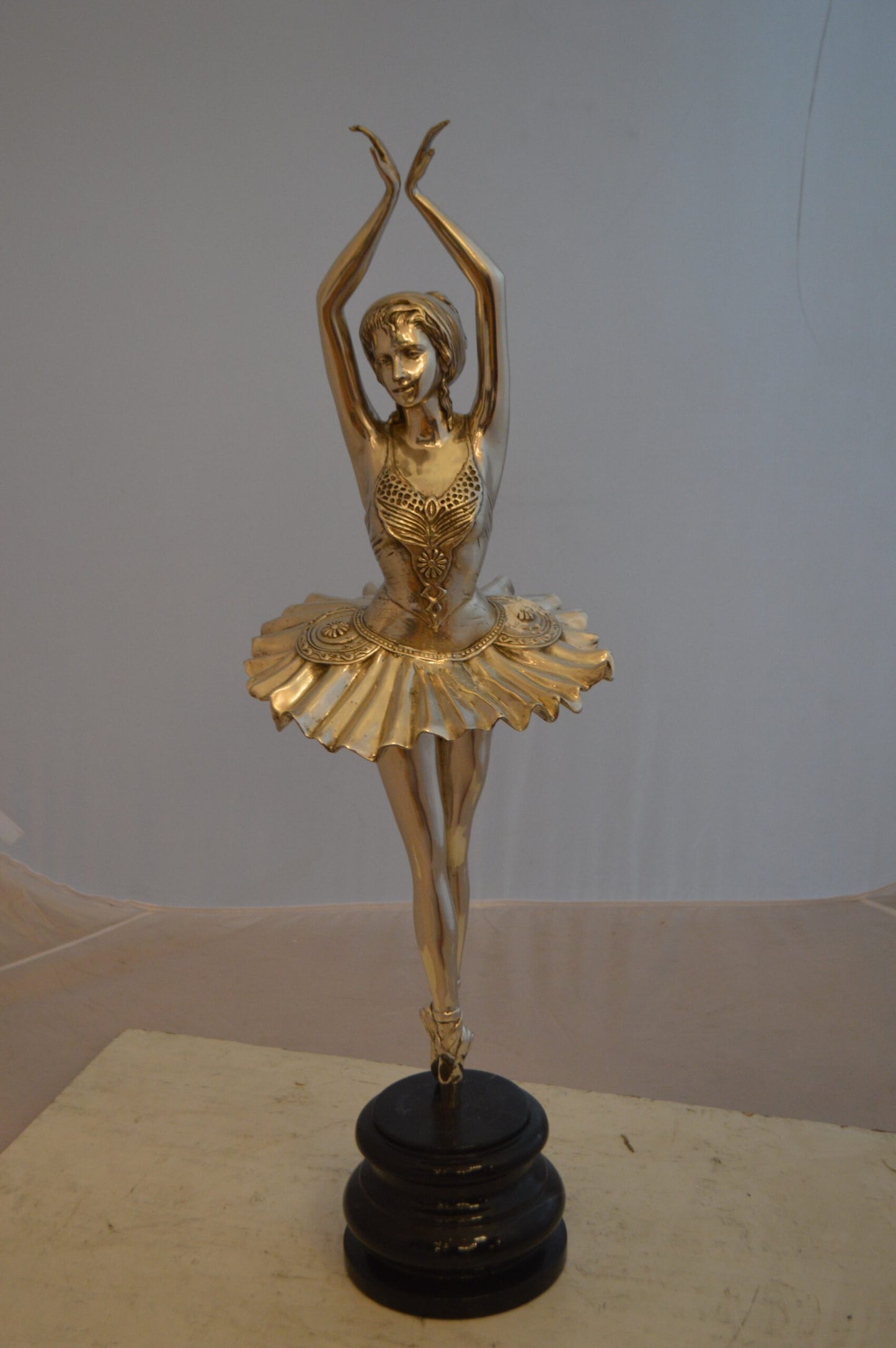 Ballerina Bronze Statue With Silver Finish -  Size: 10"L x 10"W x 35"H.