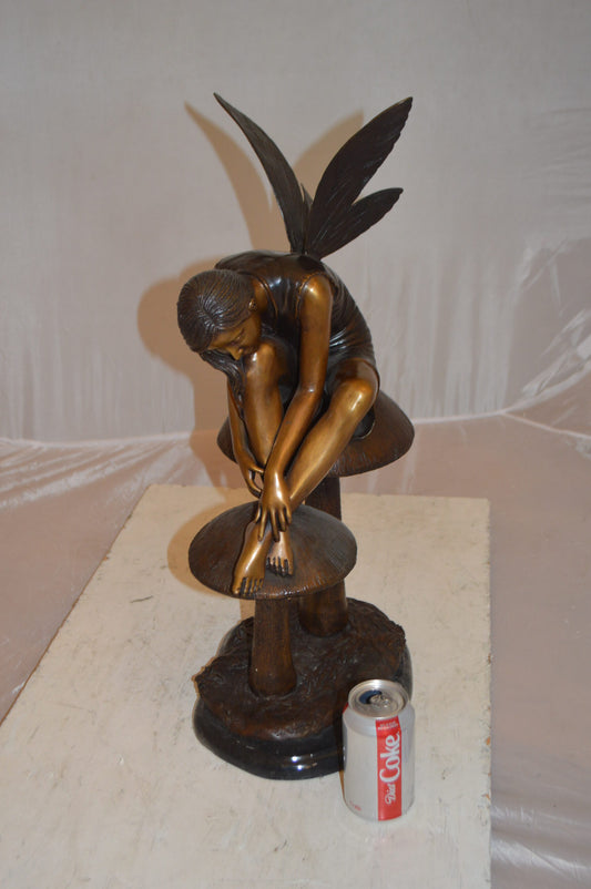 Fairy Sitting On Mushrooms Bronze Statue -  Size: 12"L x 9"W x 24"H.
