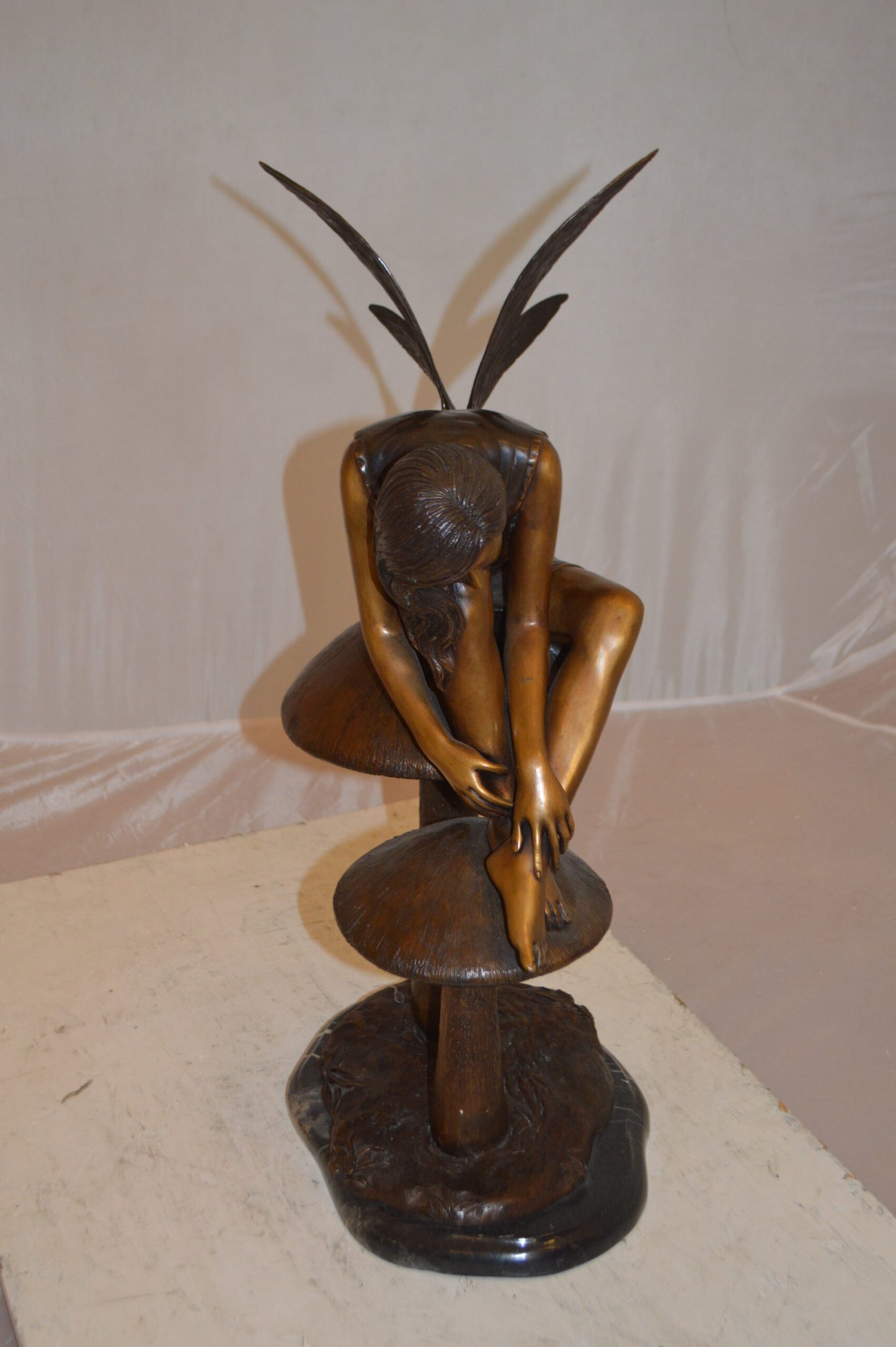 Fairy Sitting On Mushrooms Bronze Statue -  Size: 12"L x 9"W x 24"H.