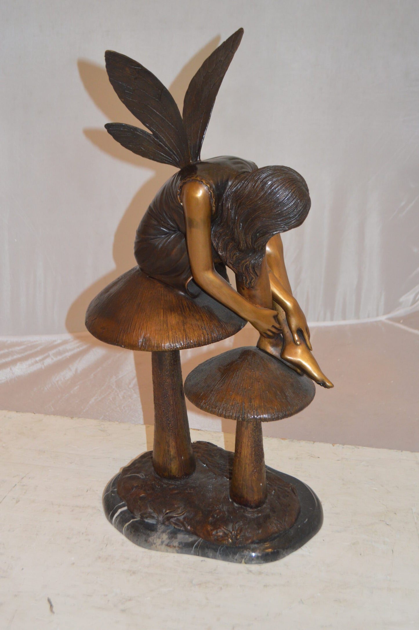 Fairy Sitting On Mushrooms Bronze Statue -  Size: 12"L x 9"W x 24"H.
