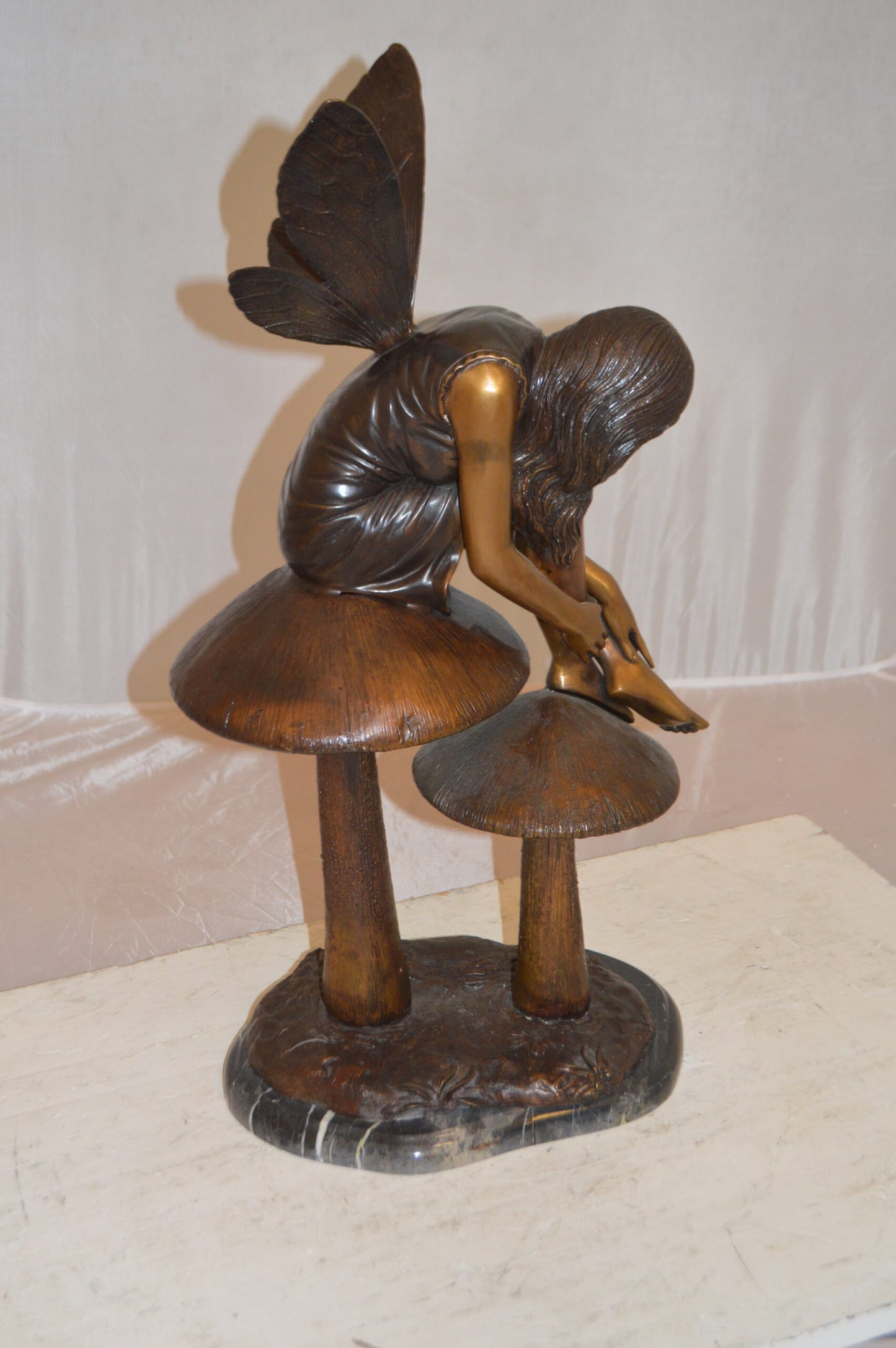 Fairy Sitting On Mushrooms Bronze Statue -  Size: 12"L x 9"W x 24"H.