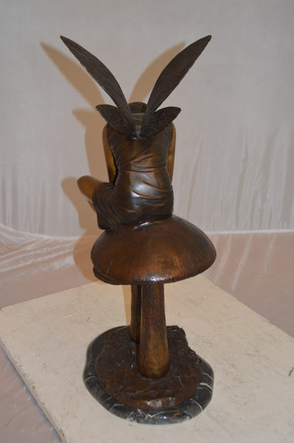 Fairy Sitting On Mushrooms Bronze Statue -  Size: 12"L x 9"W x 24"H.