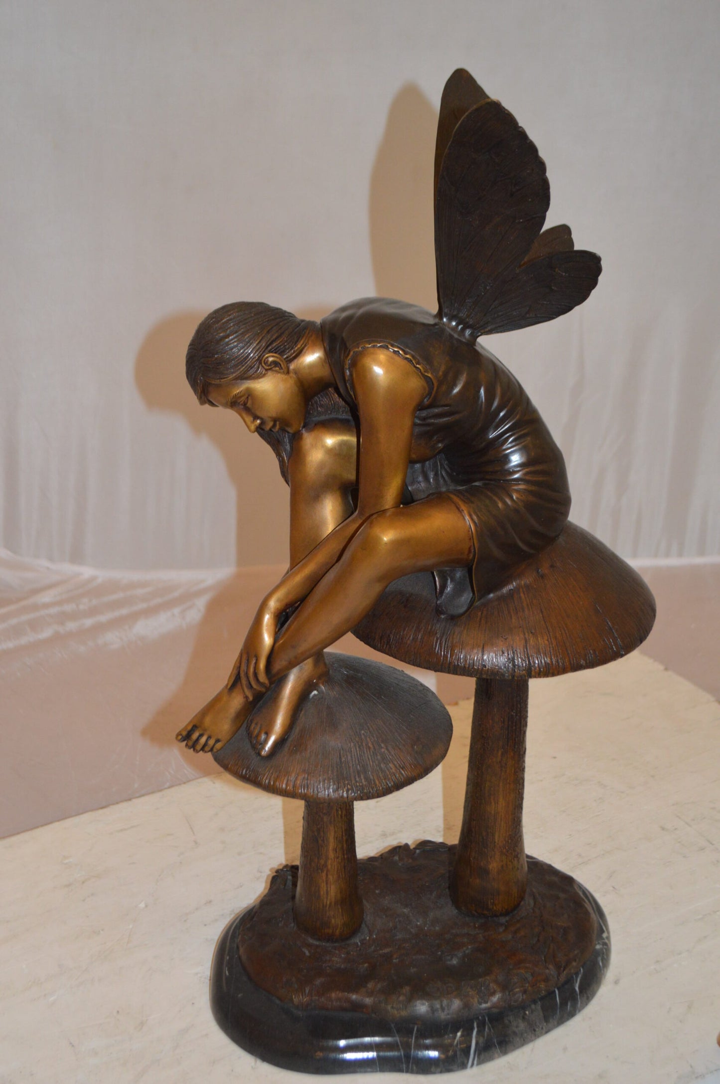 Fairy Sitting On Mushrooms Bronze Statue -  Size: 12"L x 9"W x 24"H.