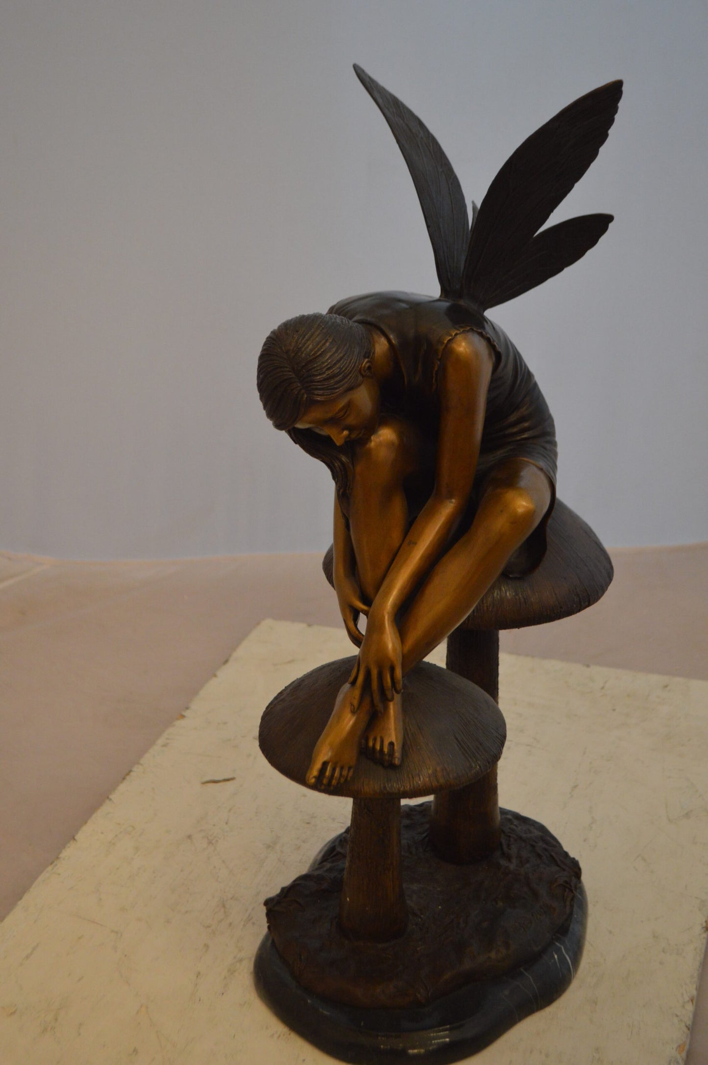 Fairy Sitting On Mushrooms Bronze Statue -  Size: 12"L x 9"W x 24"H.