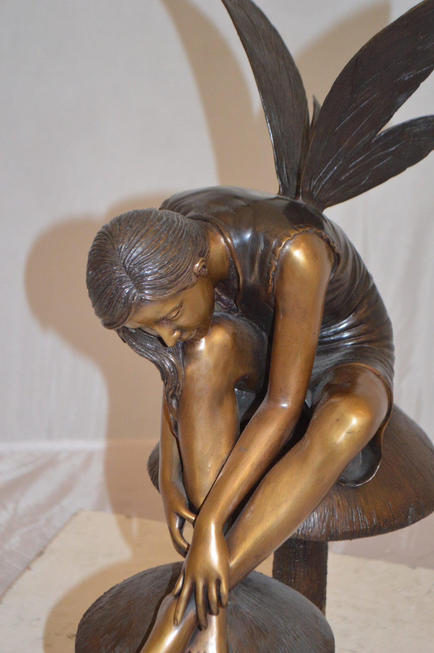 Fairy Sitting On Mushrooms Bronze Statue -  Size: 12"L x 9"W x 24"H.