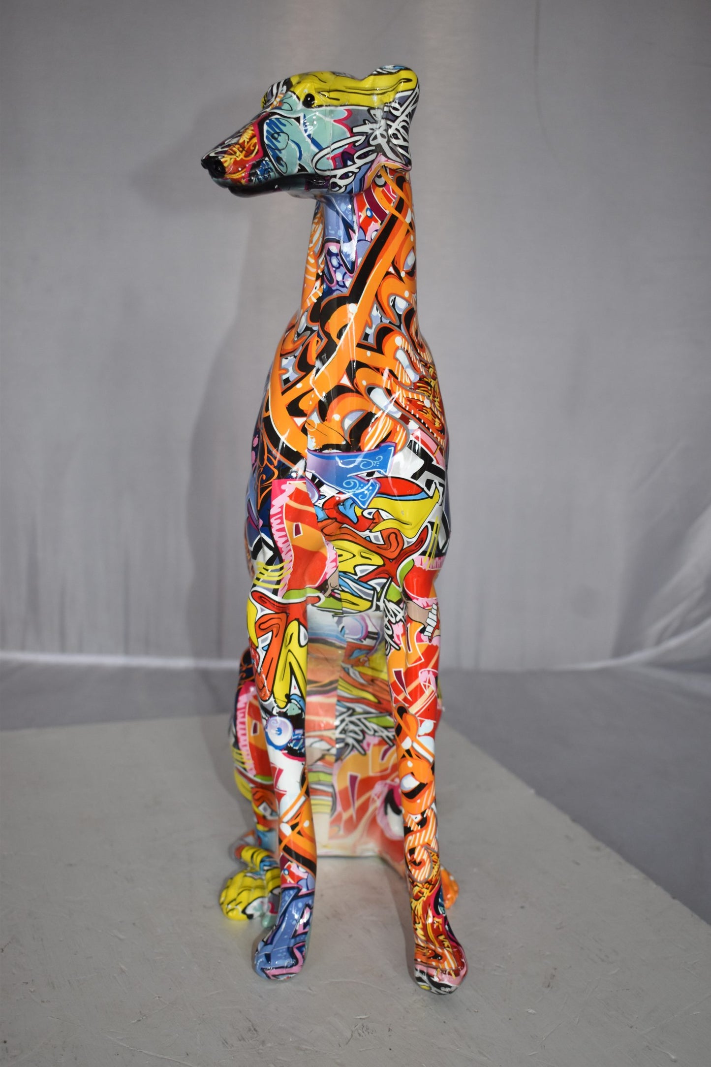 Modern Graffiti Looking Greyhound Dog Made of Resin Size: 12" x 6" x 21"H