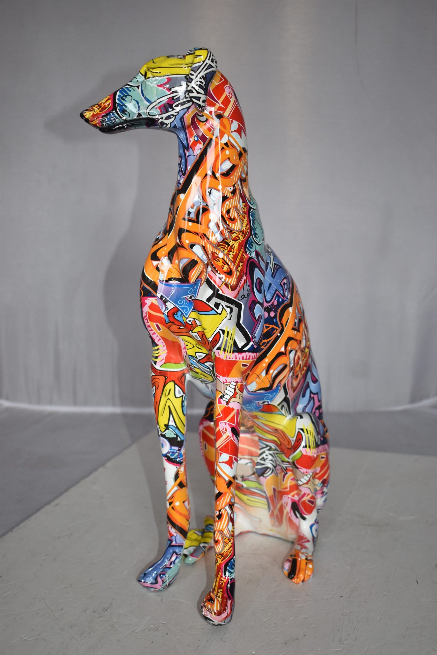 Modern Graffiti Looking Greyhound Dog Made of Resin Size: 12" x 6" x 21"H