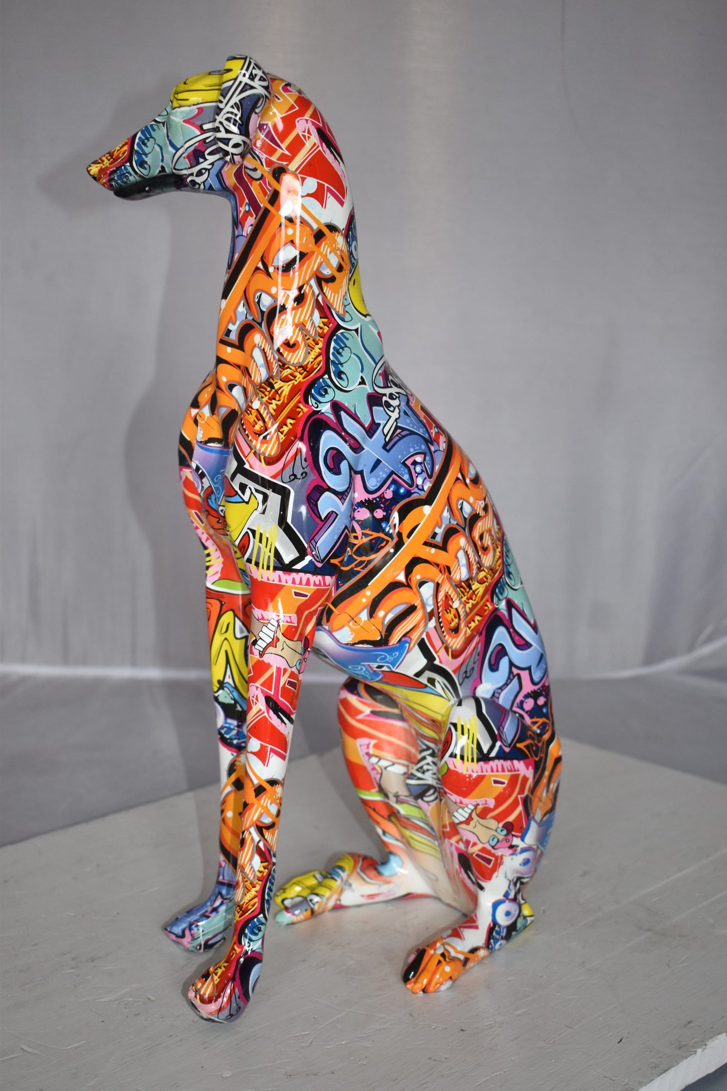 Modern Graffiti Looking Greyhound Dog Made of Resin Size: 12" x 6" x 21"H