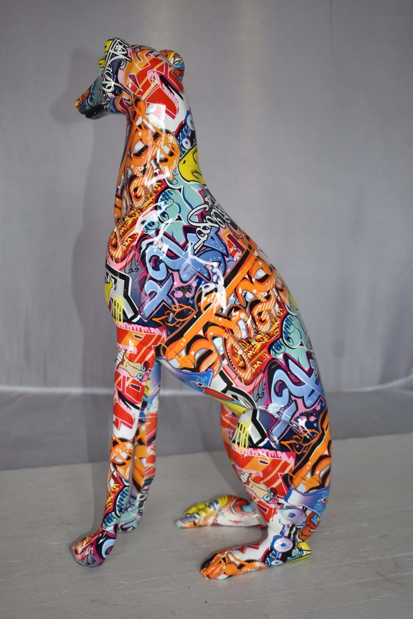 Modern Graffiti Looking Greyhound Dog Made of Resin Size: 12" x 6" x 21"H