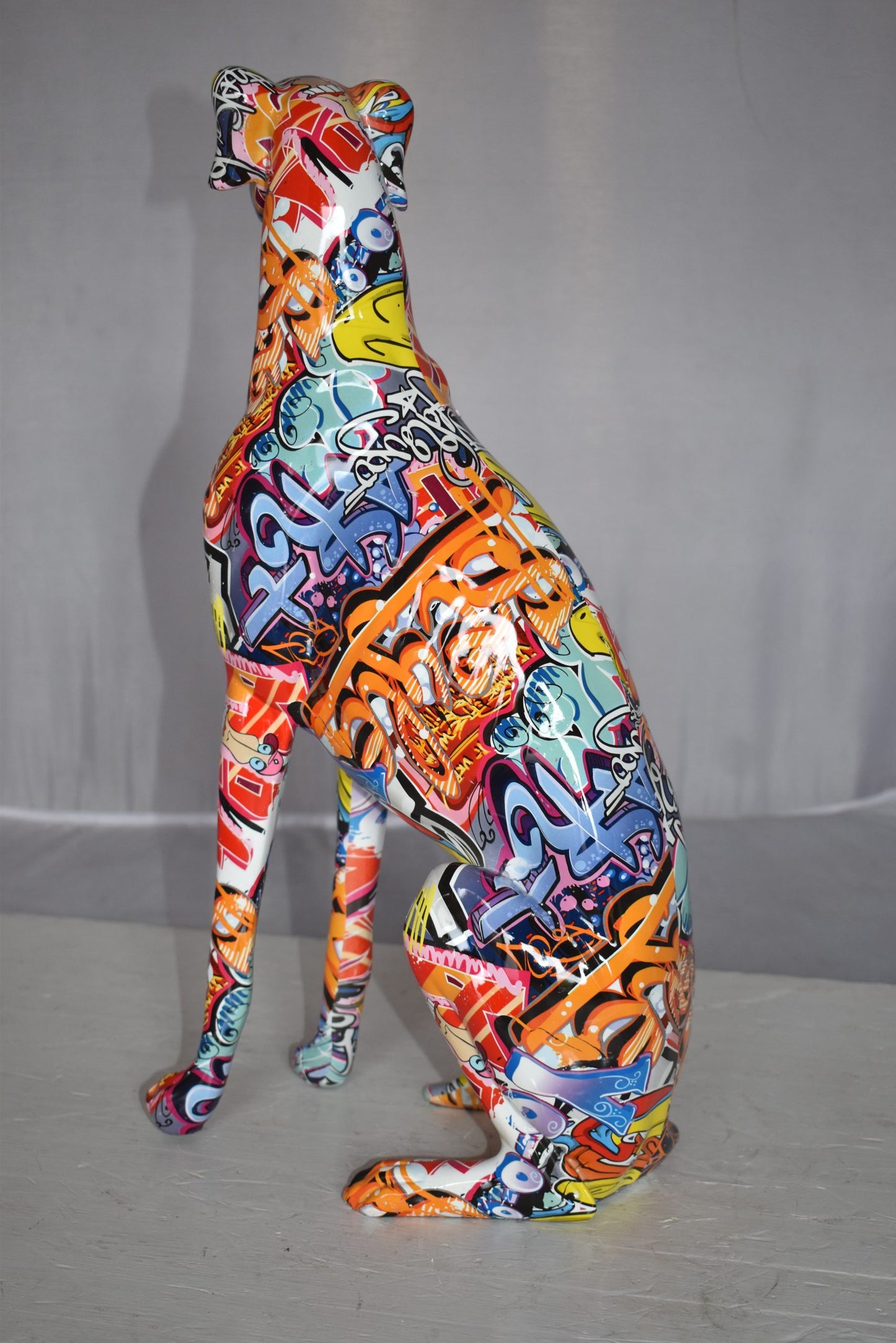 Modern Graffiti Looking Greyhound Dog Made of Resin Size: 12" x 6" x 21"H
