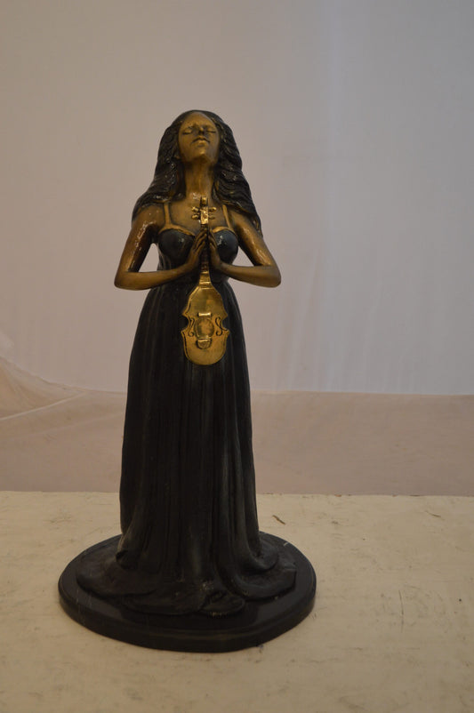 Lady With Violin Bronze Statue -  Size: 11"L x 8"W x 23"H.