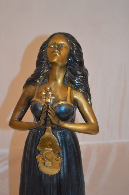 Lady With Violin Bronze Statue -  Size: 11"L x 8"W x 23"H.