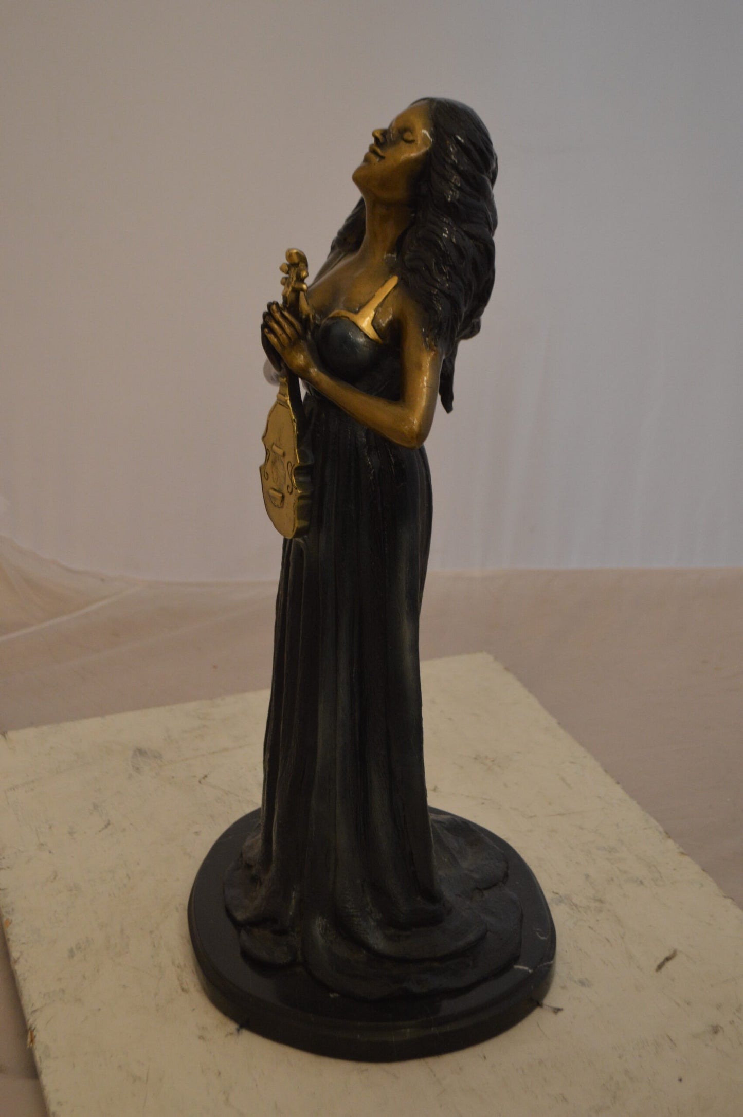 Lady With Violin Bronze Statue -  Size: 11"L x 8"W x 23"H.
