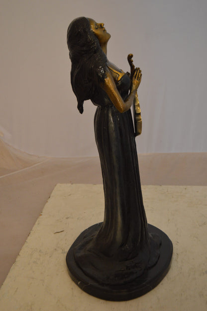 Lady With Violin Bronze Statue -  Size: 11"L x 8"W x 23"H.