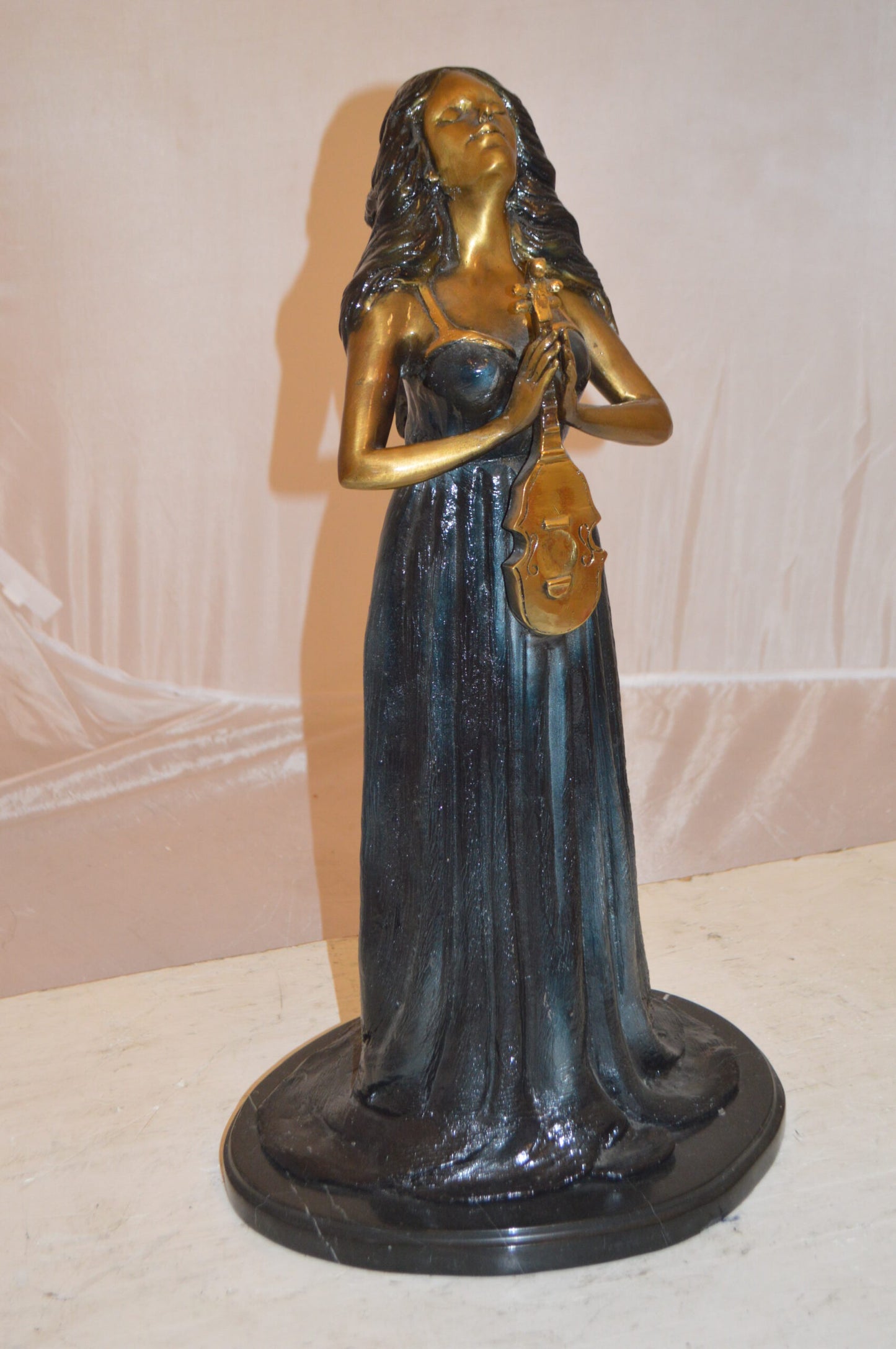 Lady With Violin Bronze Statue -  Size: 11"L x 8"W x 23"H.