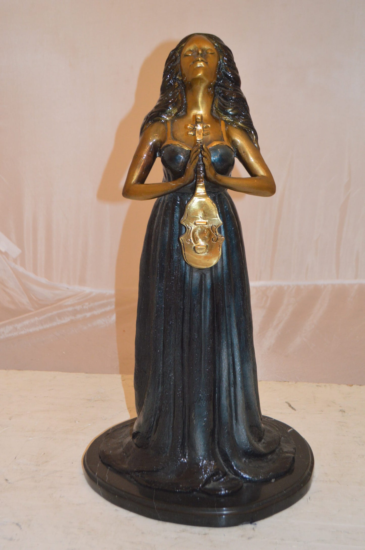 Lady With Violin Bronze Statue -  Size: 11"L x 8"W x 23"H.