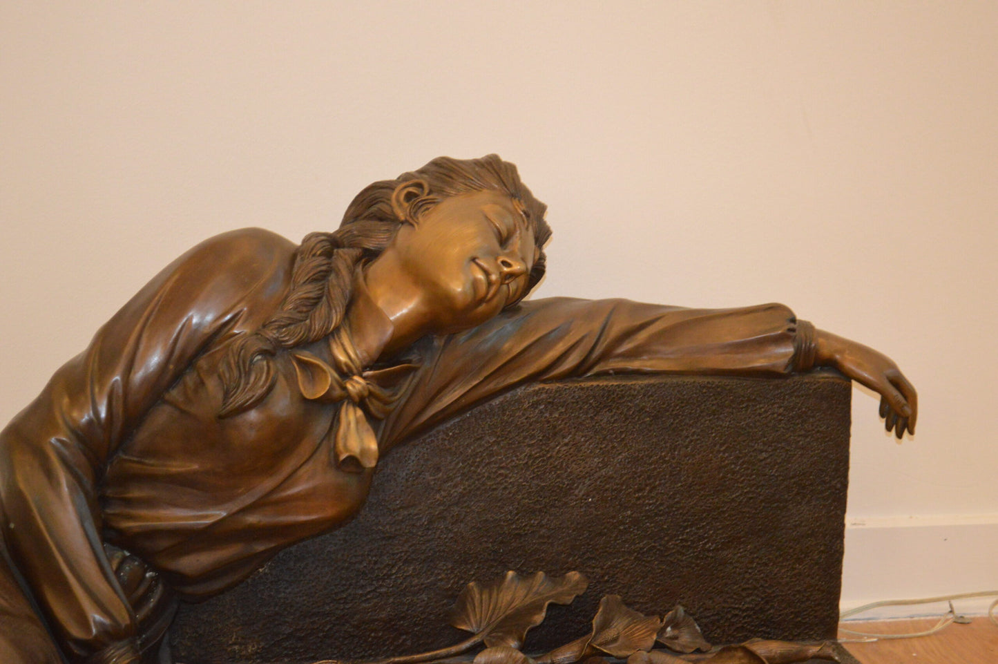 Lady With Flowers on Tombstone Bronze Statue -  Size: 62"L x 32"W x 24"H.