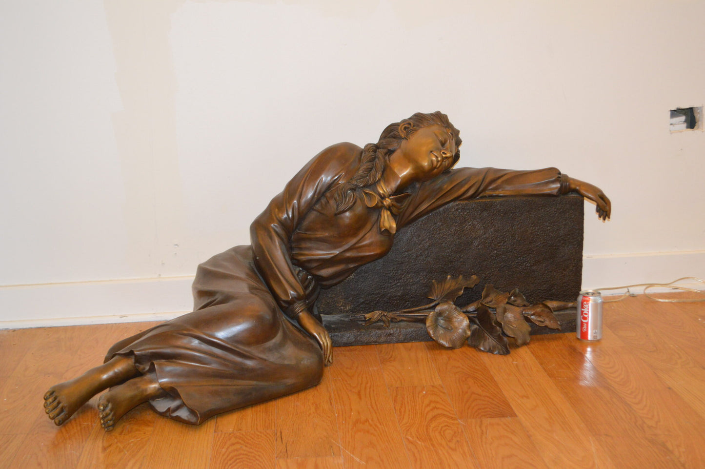 Lady With Flowers on Tombstone Bronze Statue -  Size: 62"L x 32"W x 24"H.