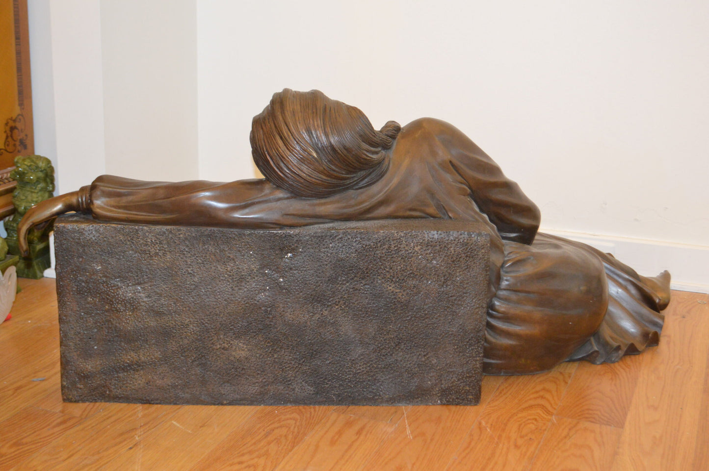 Lady With Flowers on Tombstone Bronze Statue -  Size: 62"L x 32"W x 24"H.