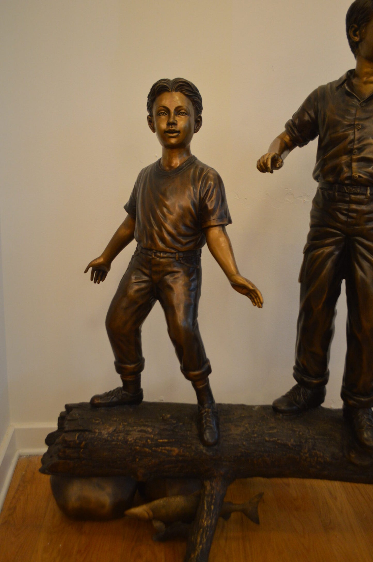 Three Kids With A Dog On A Log Bronze Statue -  Size: 78"L x 26"W x 62"H.