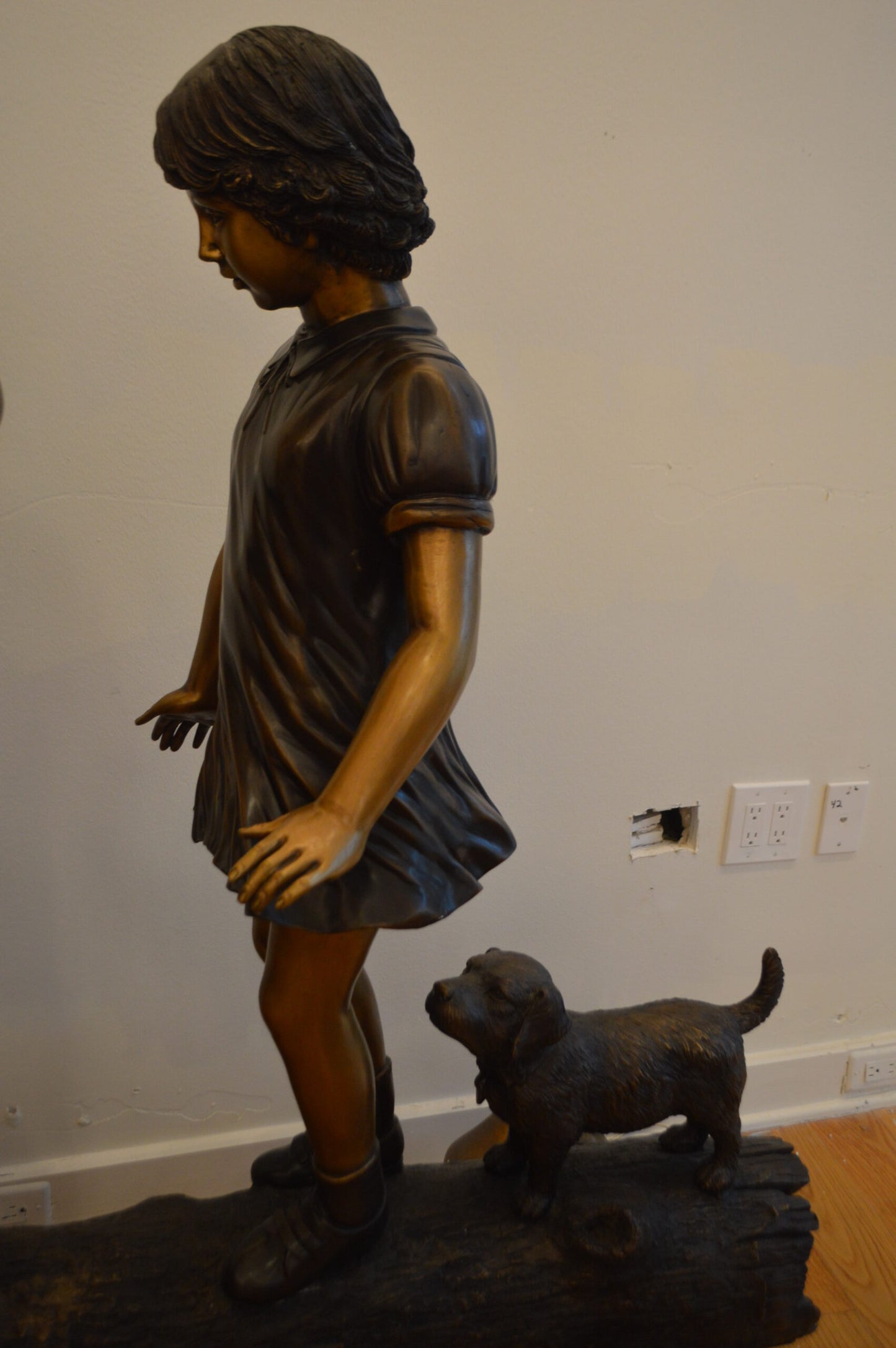 Three Kids With A Dog On A Log Bronze Statue -  Size: 78"L x 26"W x 62"H.