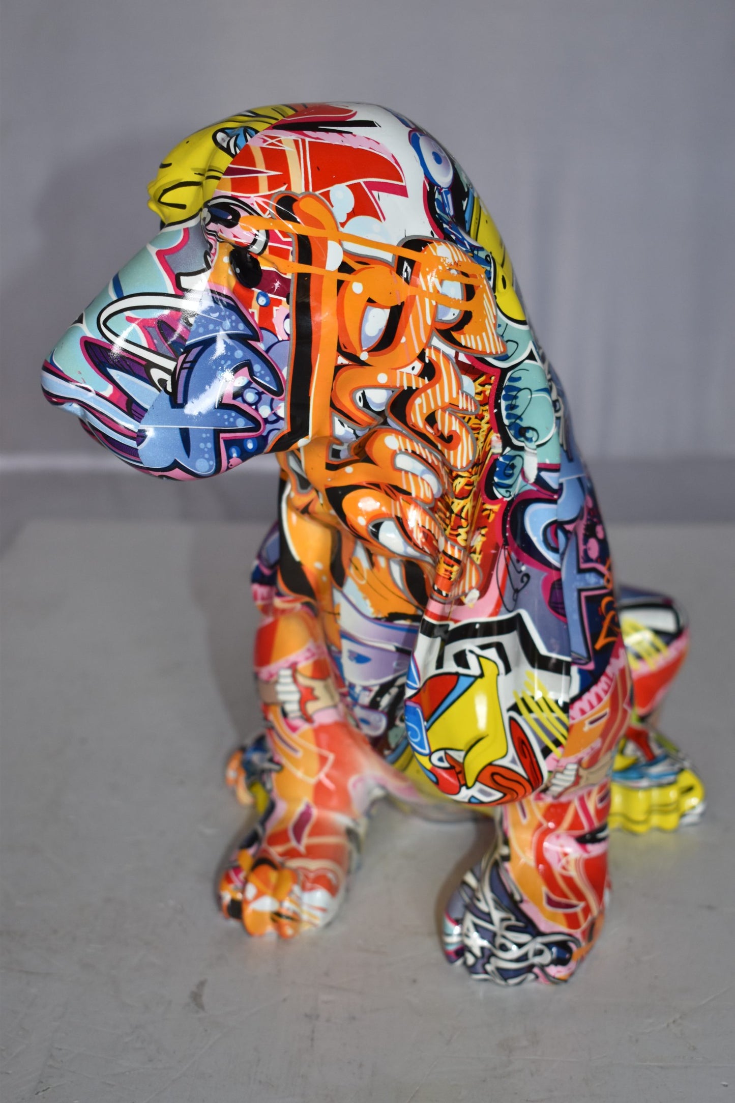 Modern Graffiti Basset Hound Dog Statue Made of Resin Size: 16" x 8" x 13"H