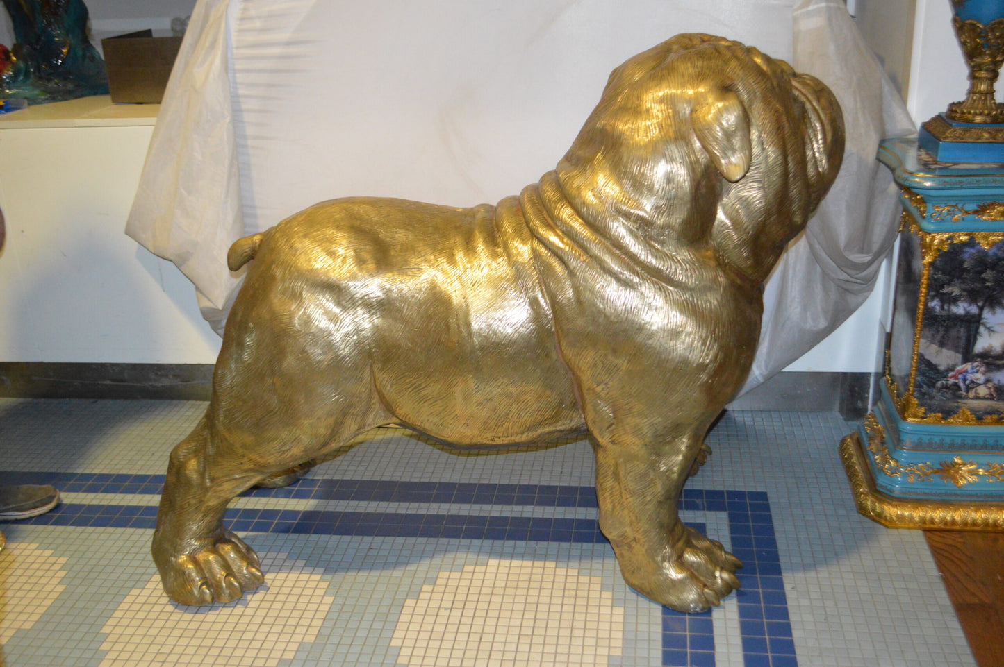 Gold Bulldog Giant Bronze Statue -  Size: 62"L x 26"W x 44"H.