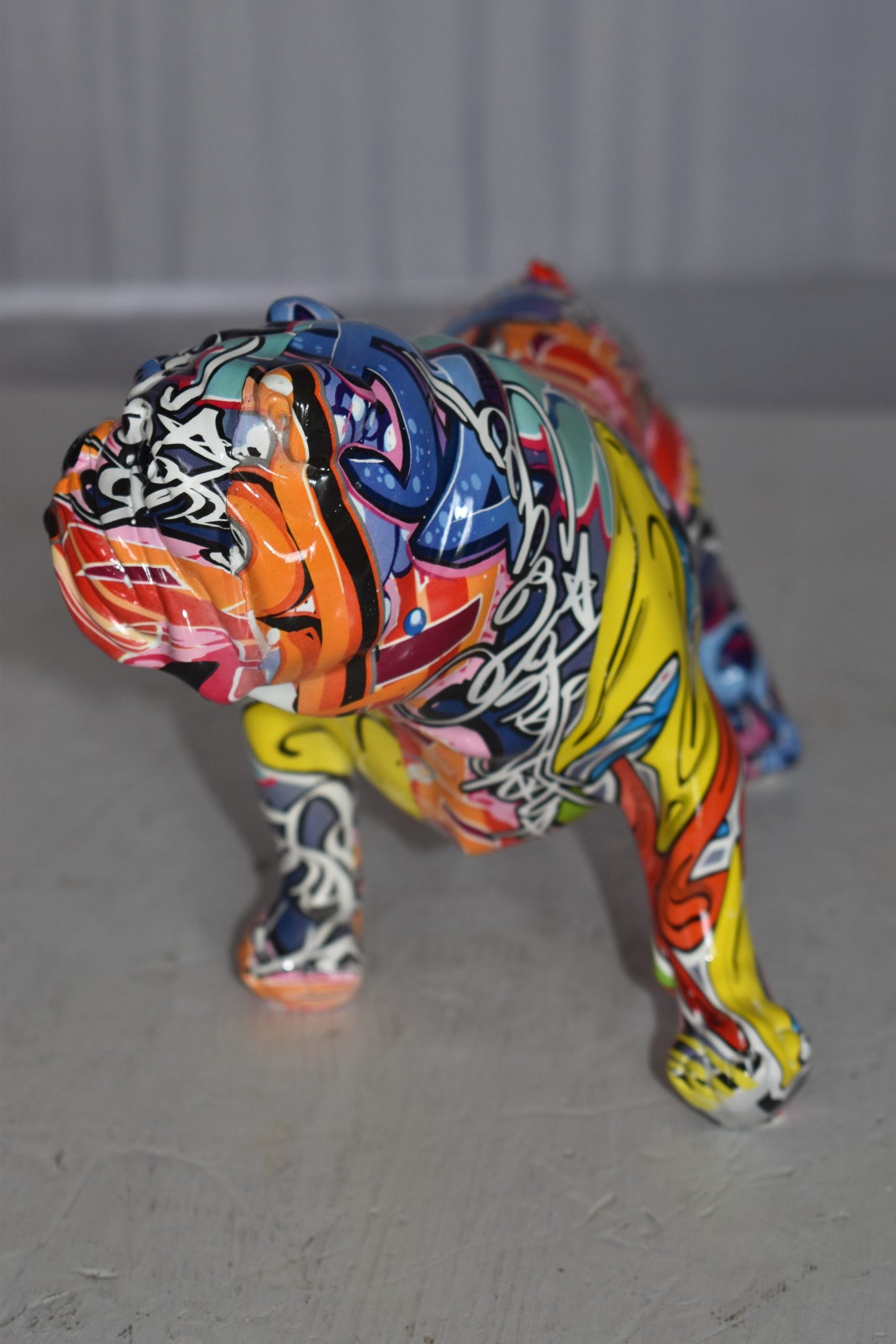 Modern Happy Graffiti Resin Bulldog Statue Looking to the Right  10" x 5" x 7"H