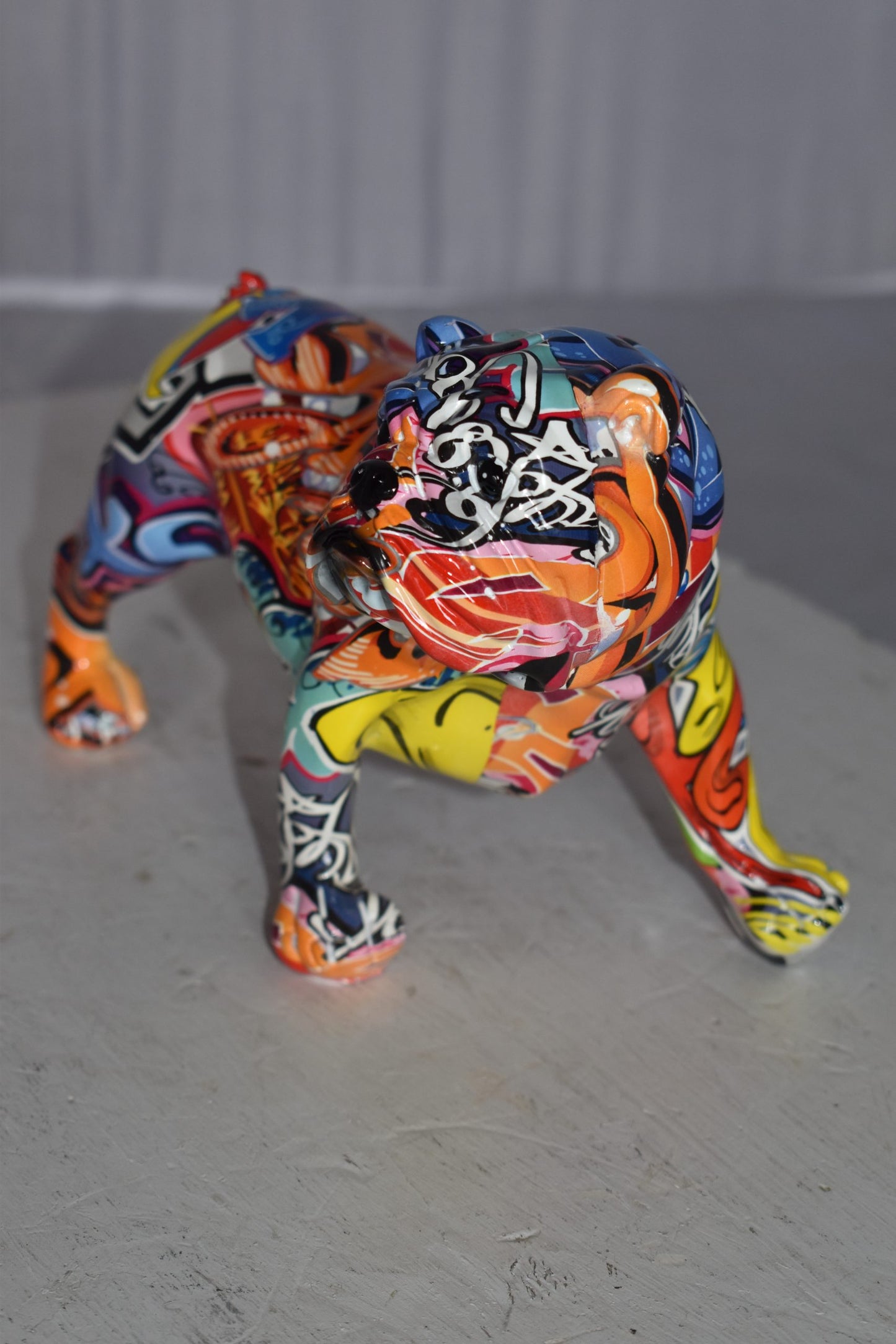 Modern Happy Graffiti Resin Bulldog Statue Looking to the Right  10" x 5" x 7"H