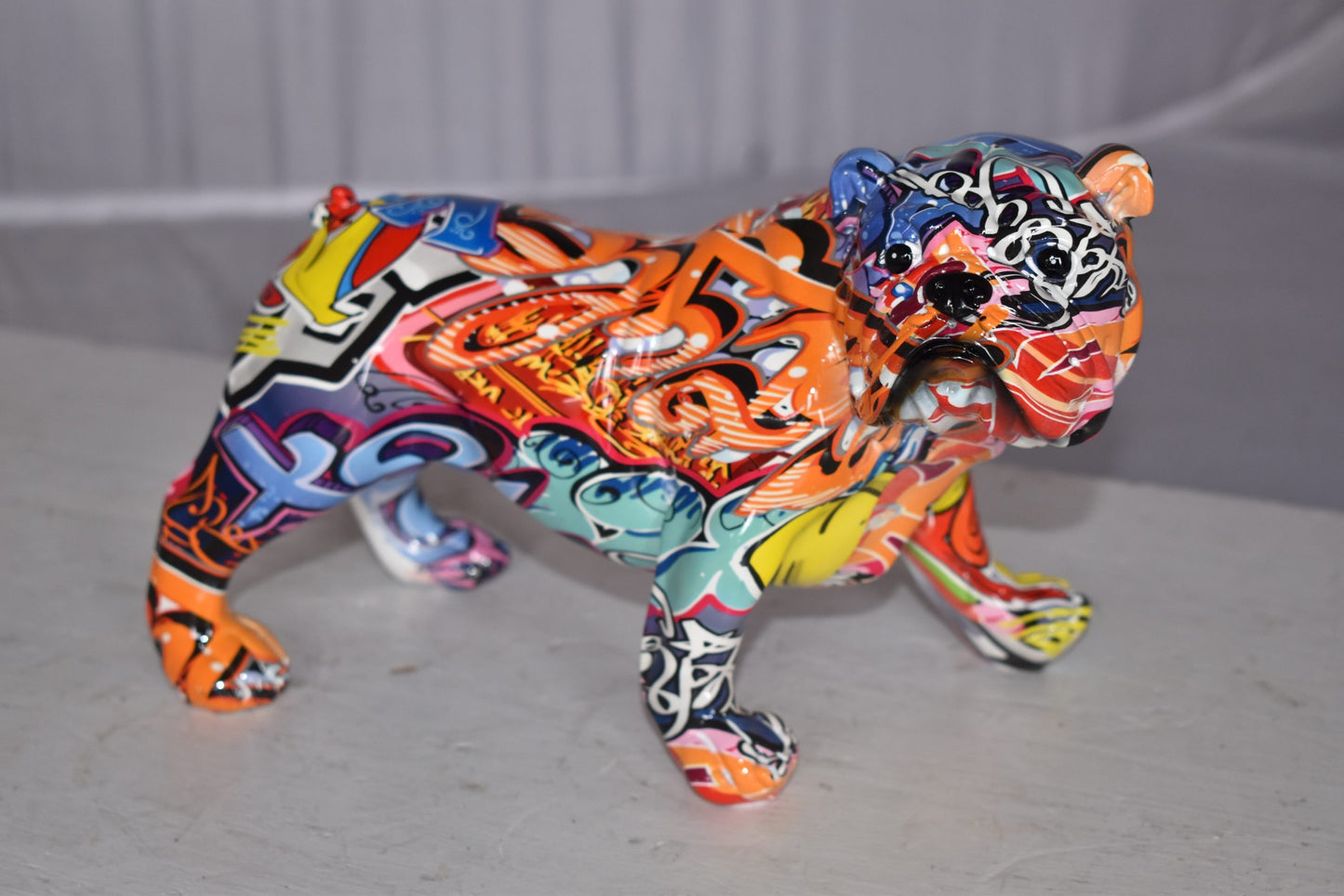 Modern Happy Graffiti Resin Bulldog Statue Looking to the Right  10" x 5" x 7"H