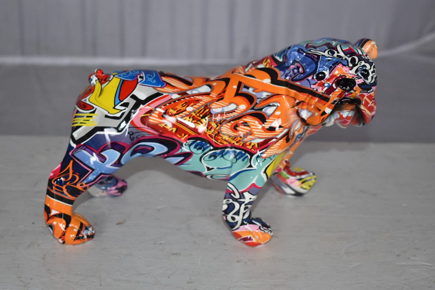 Modern Happy Graffiti Resin Bulldog Statue Looking to the Right  10" x 5" x 7"H