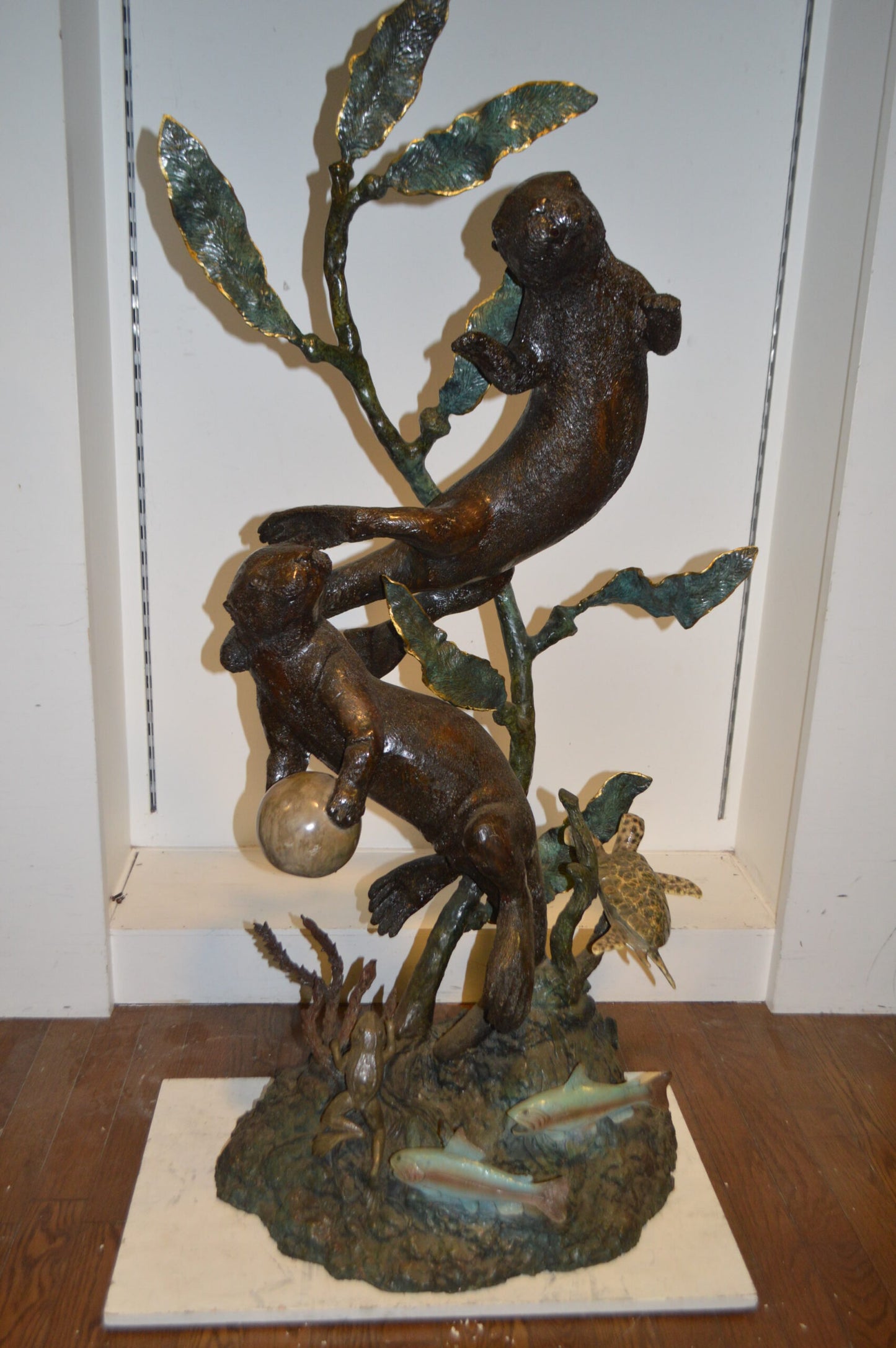 Duet of Otters Bronze Statue Fountain -  Size: 24"L x 20"W x 64"H.