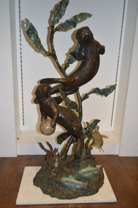 Duet of Otters Bronze Statue Fountain -  Size: 24"L x 20"W x 64"H.