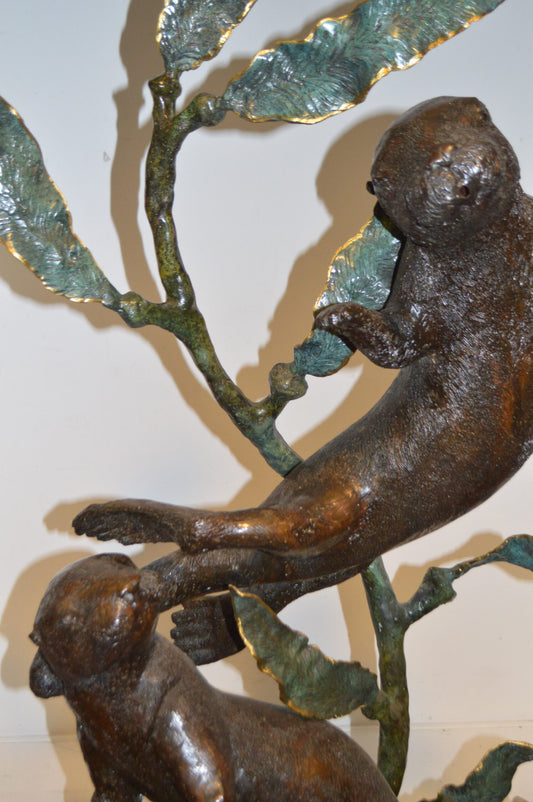 Duet of Otters Bronze Statue Fountain -  Size: 24"L x 20"W x 64"H.