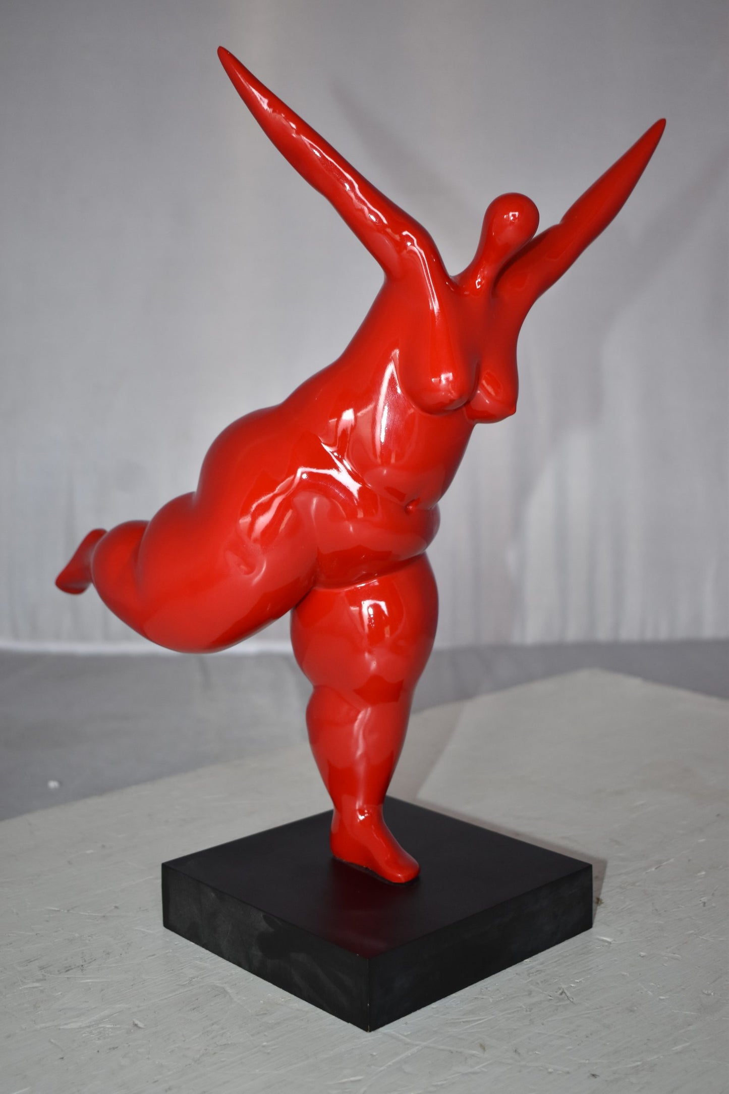 Modern Art Voluptuous Red Lady Standing on one Leg resin statue  14" x 9" x 15"H