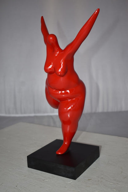 Modern Art Voluptuous Red Lady Standing on one Leg resin statue  14" x 9" x 15"H