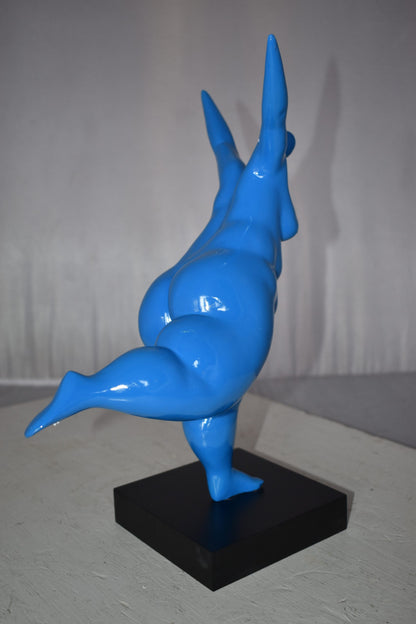 Modern art Voluptuous Blue Lady Standing on one Leg resin statue  14 x 9" x 15"H