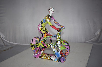 Modern Art Graffiti Bicycle and Rider Statue Made of Resin Size: 10" x 4" x 15"H