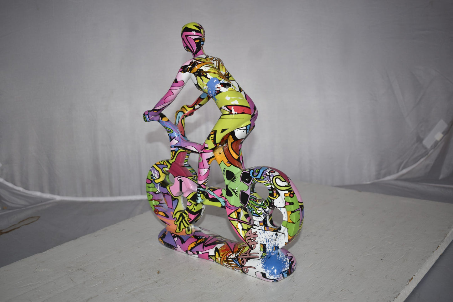 Modern Art Graffiti Bicycle and Rider Statue Made of Resin Size: 10" x 4" x 15"H