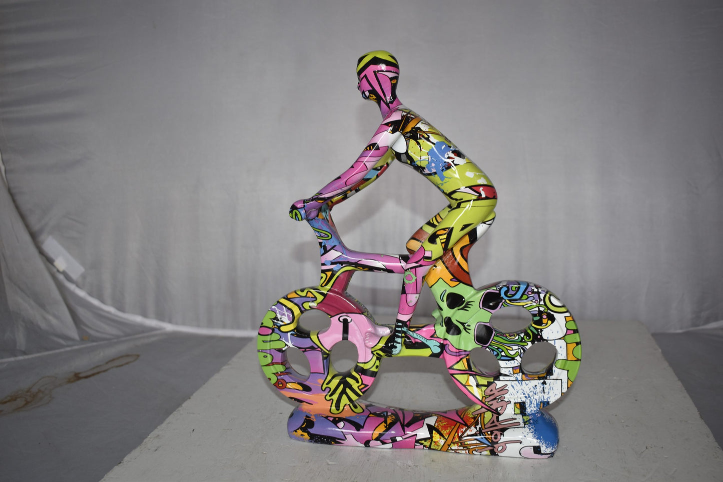 Modern Art Graffiti Bicycle and Rider Statue Made of Resin Size: 10" x 4" x 15"H
