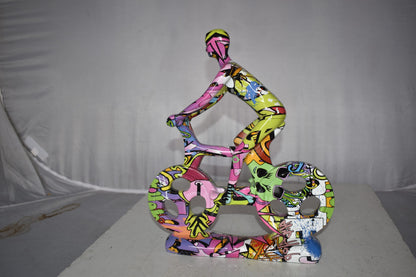 Modern Art Graffiti Bicycle and Rider Statue Made of Resin Size: 10" x 4" x 15"H