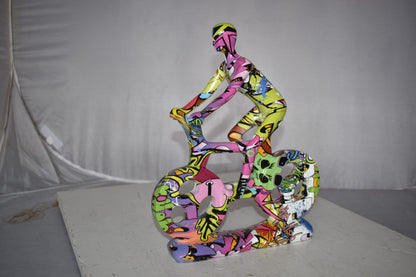 Modern Art Graffiti Bicycle and Rider Statue Made of Resin Size: 10" x 4" x 15"H