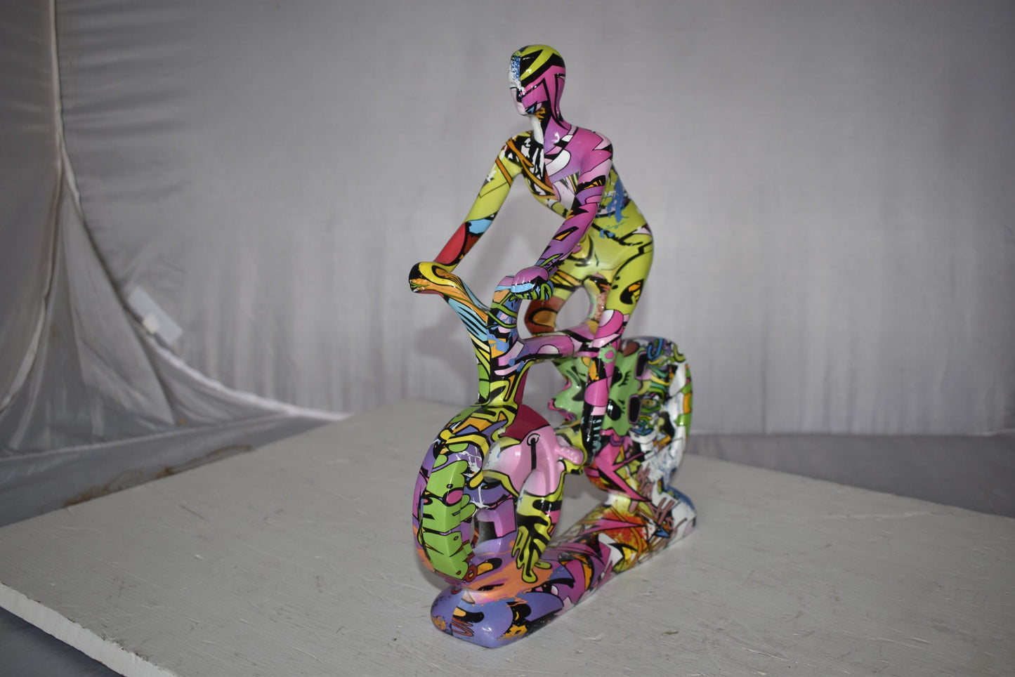 Modern Art Graffiti Bicycle and Rider Statue Made of Resin Size: 10" x 4" x 15"H