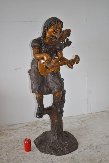 Girl on a Tree Playing the Ukulele with a Parrot Bronze Statue 25" x 23" x 50"H