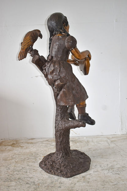 Girl on a Tree Playing the Ukulele with a Parrot Bronze Statue 25" x 23" x 50"H